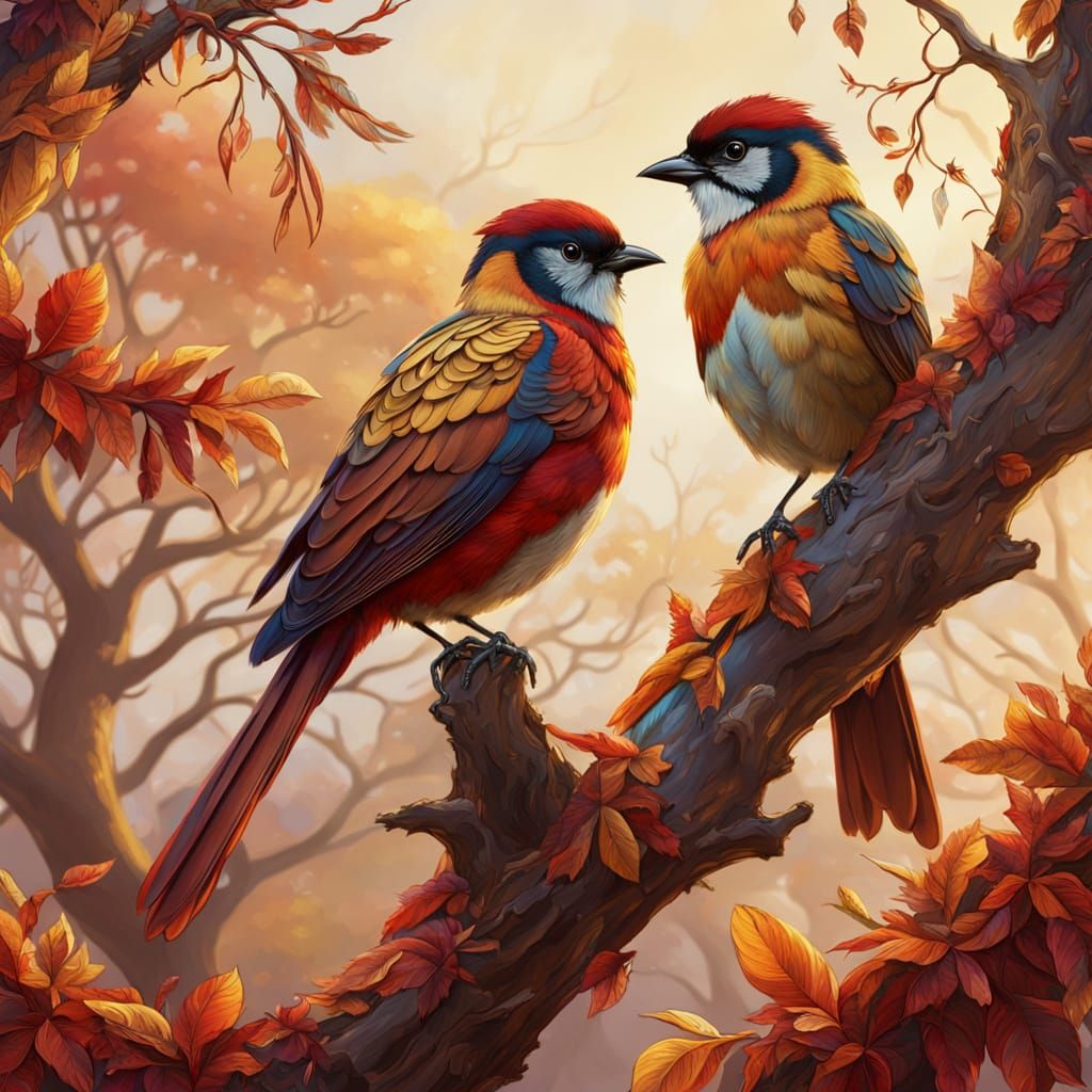 Autumn Birds Perched on Frosty Branch in Golden Hour