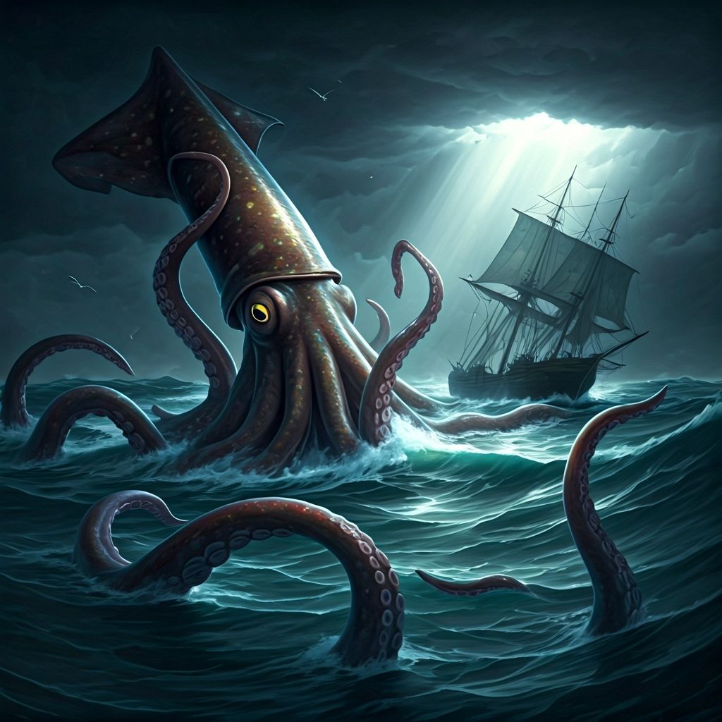 Colossal squid playing with a ship at sea.