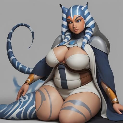 full figured, ahsoka tano, fat, bbw, thick thighs, long head lekku, blue and white long head tails, grey jedi