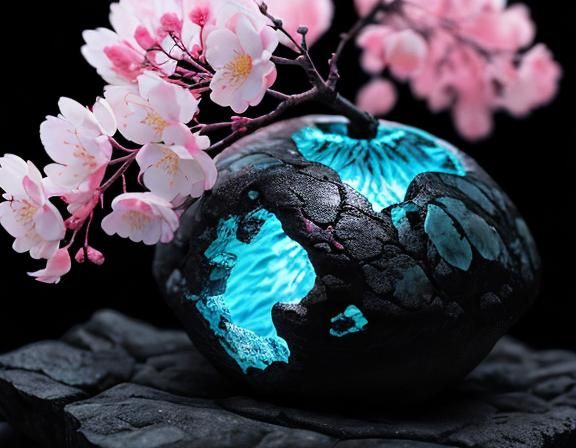 Cyan Cherry Blossom on Lava Rock: Macro Photography