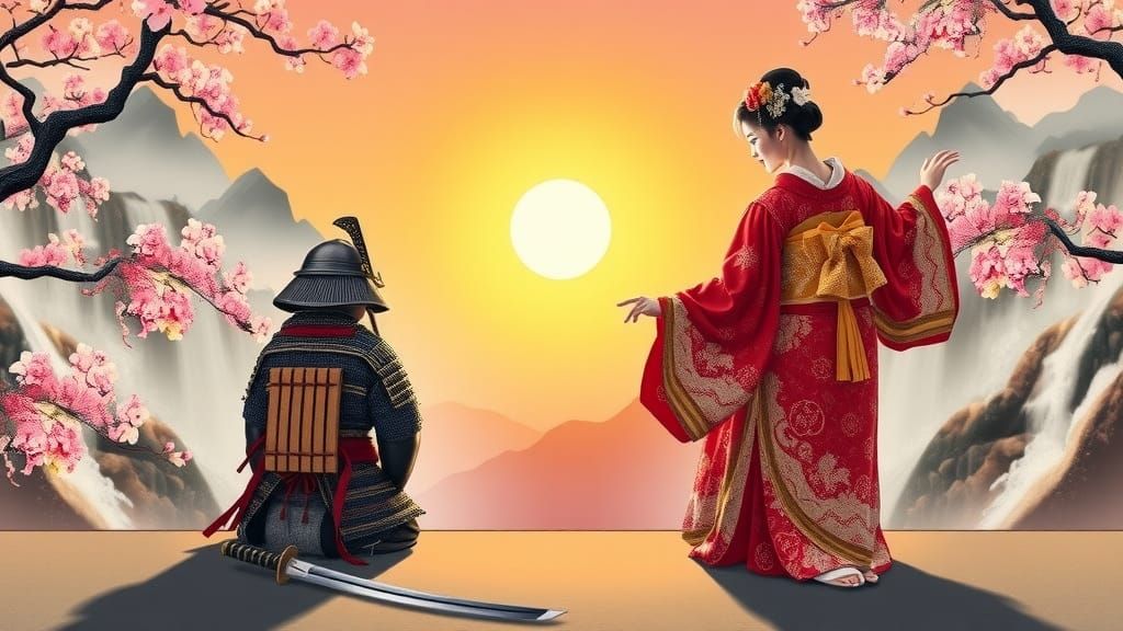 Samurai and Geisha in Ukiyo-e Style with Cherry Blossoms