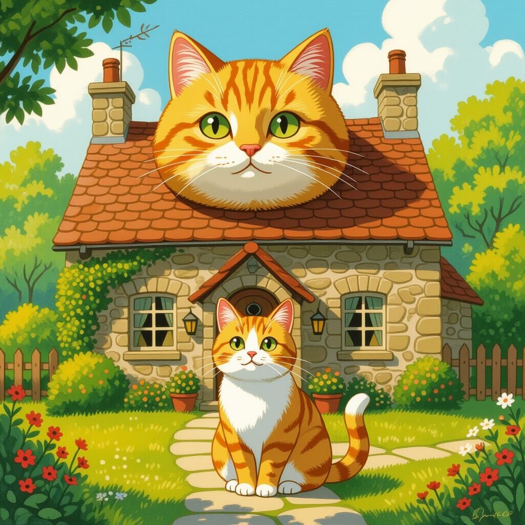 Whimsical Cat Cottage in Storybook Style