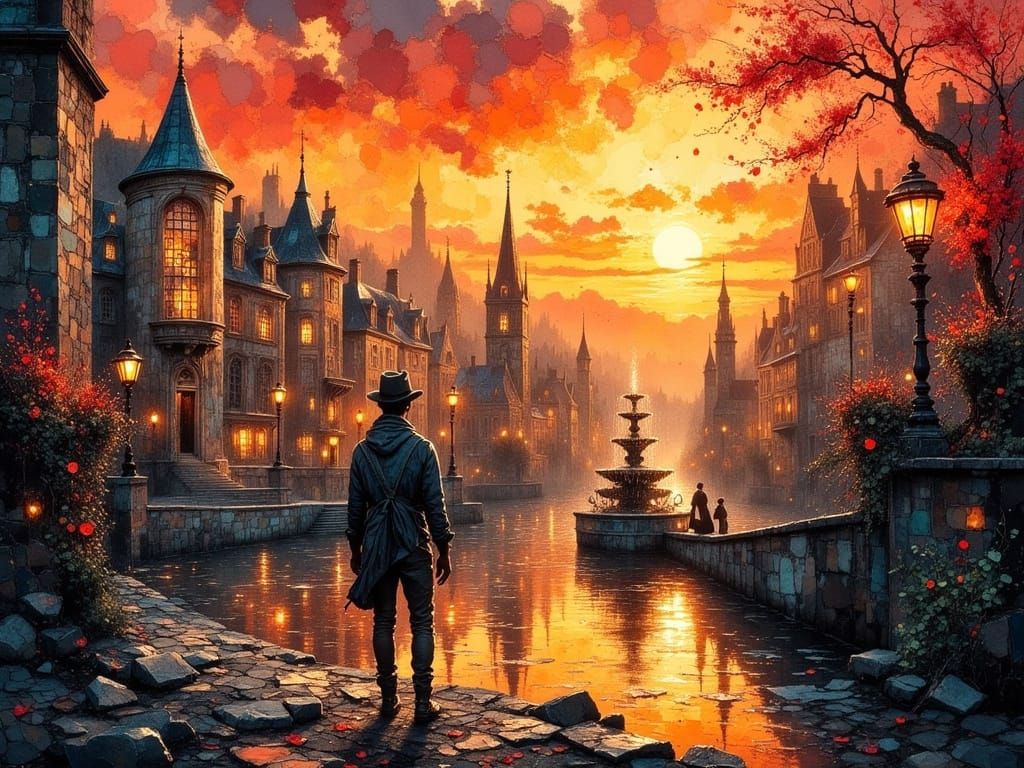 A lone figure stands silhouetted against a breathtaking sunset