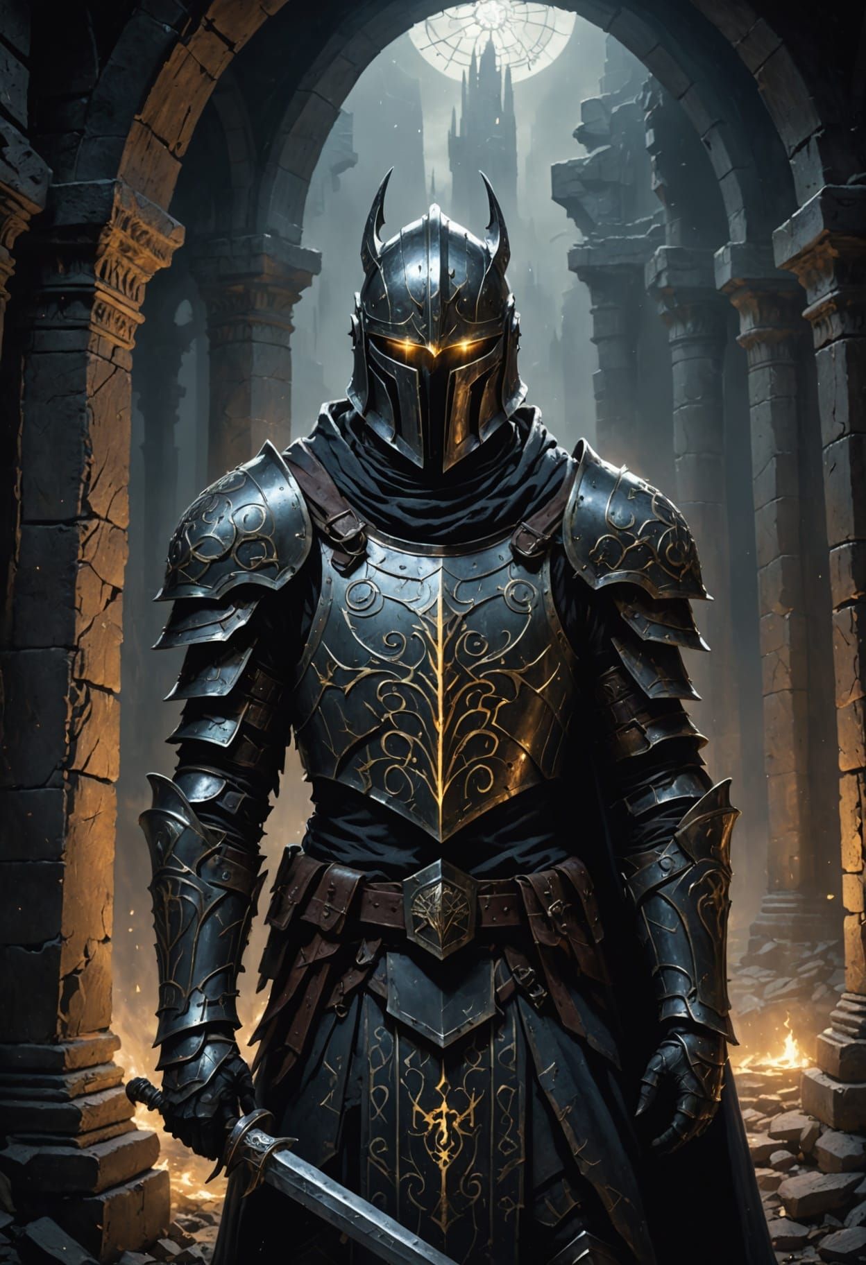 Spectral Knight in Moonlit Temple Ruins