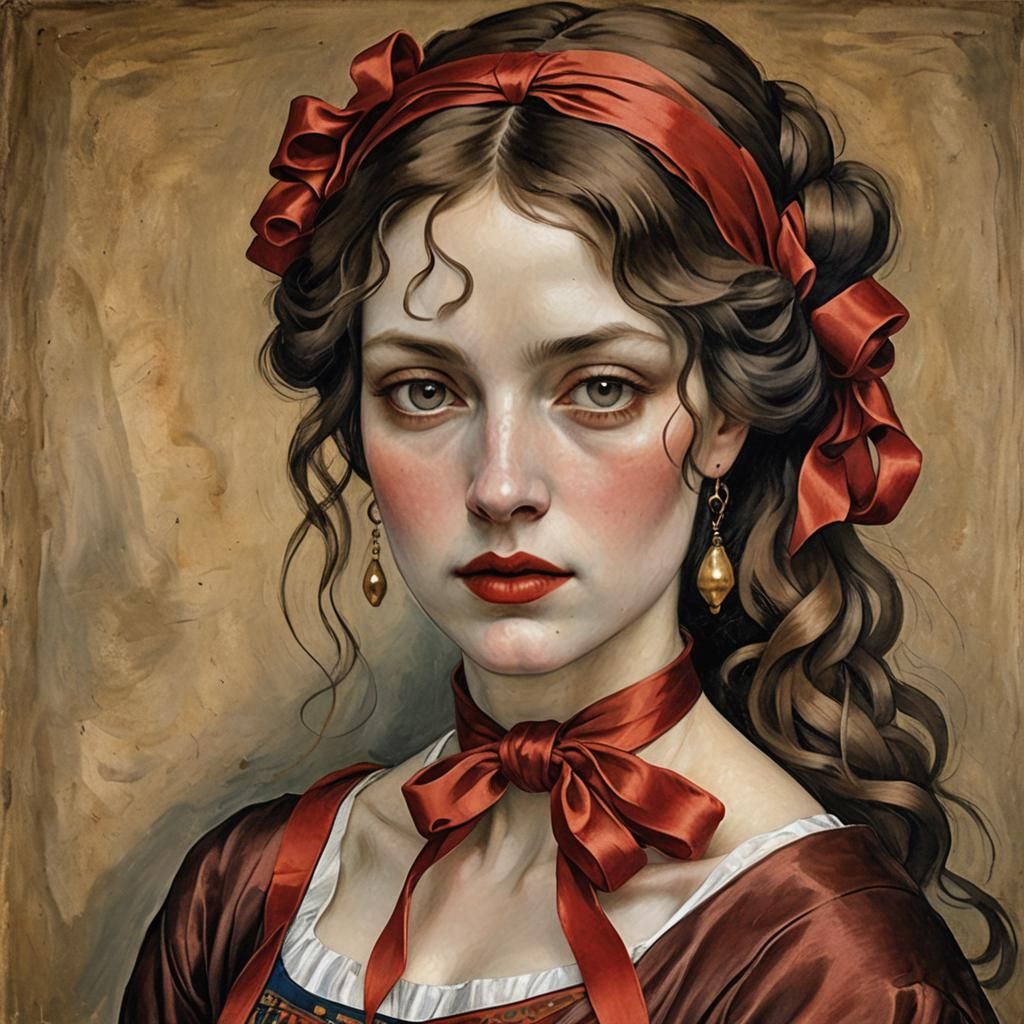 Sensual Madwoman with Red Ribbon in Classical Style