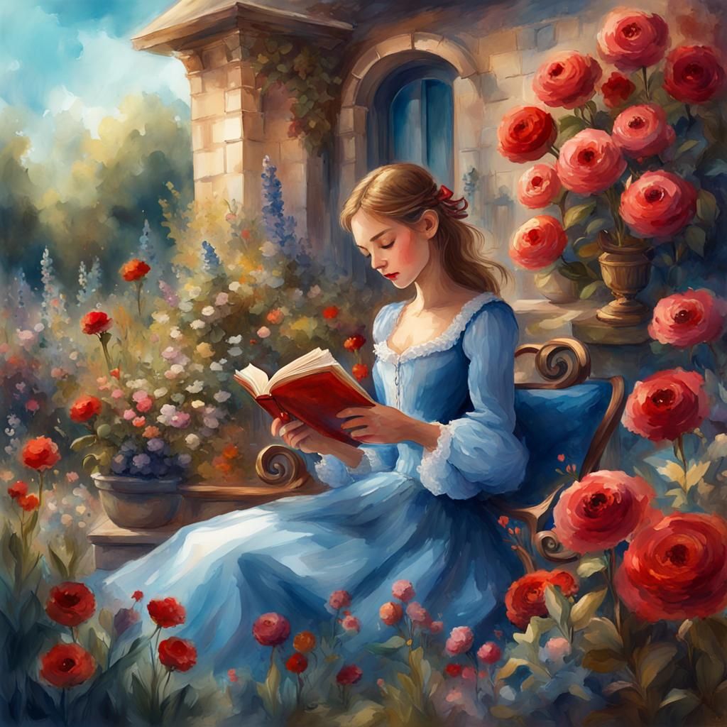 Girl Reading in Flower Garden: French Watercolor Opera