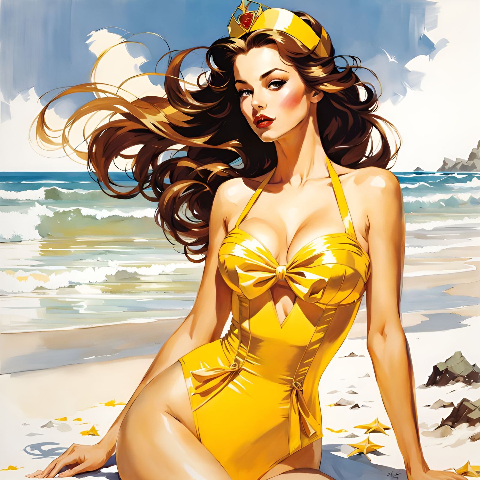 Belle in Yellow Swimsuit: Pin-Up Beach Beauty