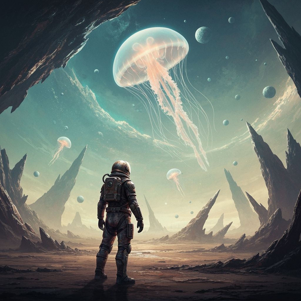 Astronaut and Bioluminescent Jellyfish on Alien Planet