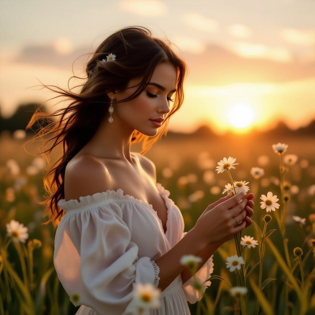 Ethereal Woman in Linen Dress at Sunset