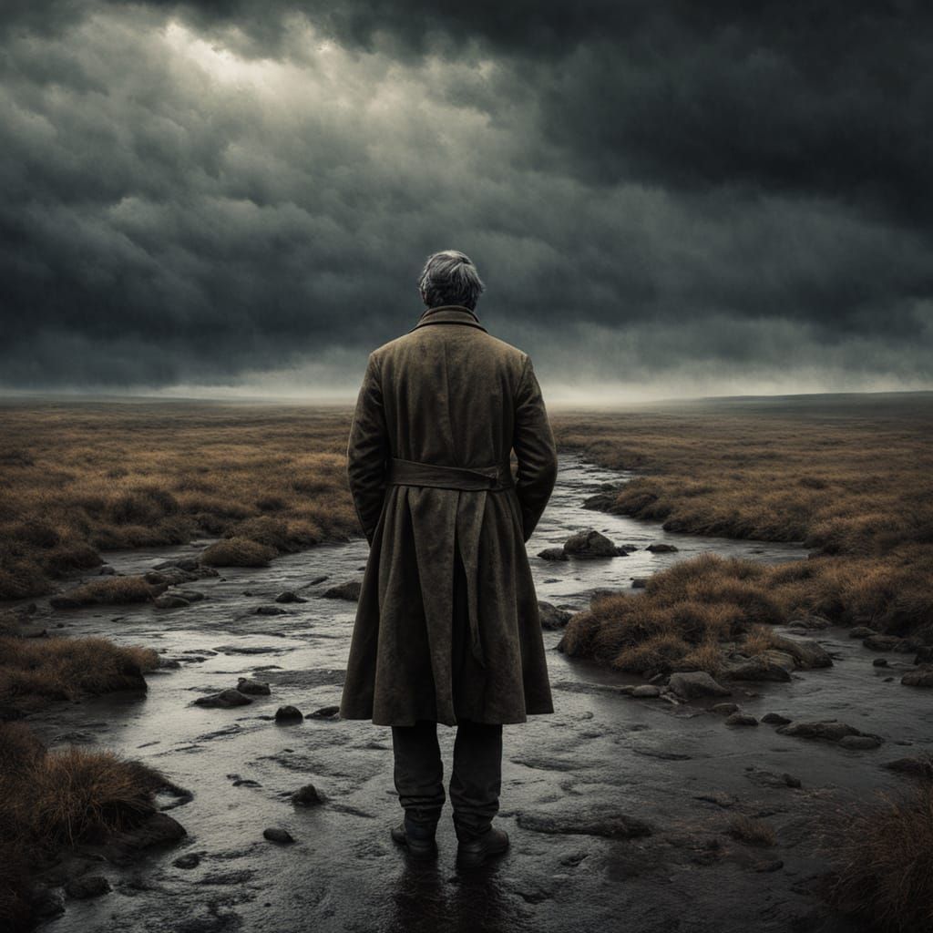 Tormented Figure Finds Hope in Stormy Landscape