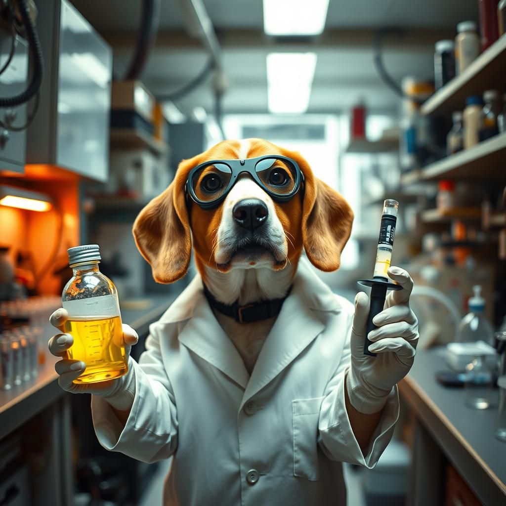 Beagle Scientist in Lab with Serum, Retro-Futurism Style