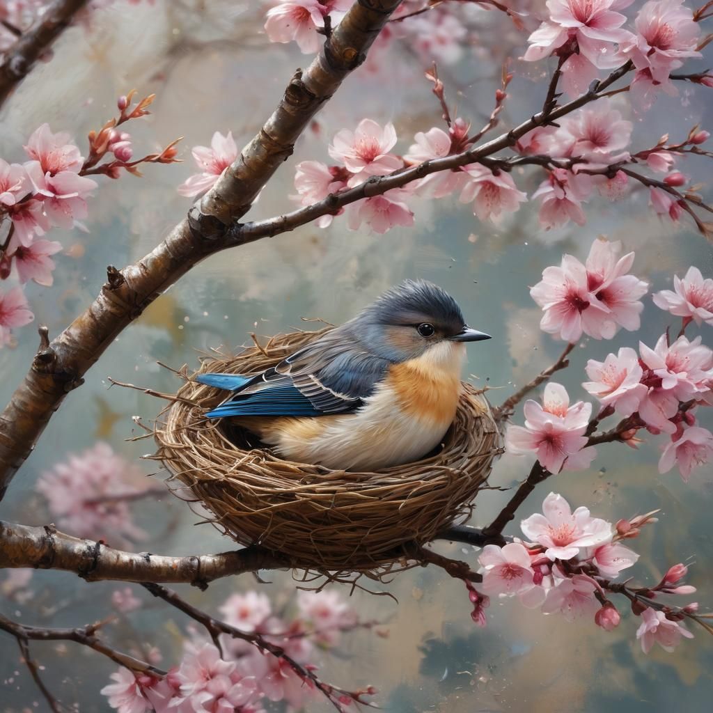 Chibified Bird in Sakura Tree, Alkyd Palette Knife Art