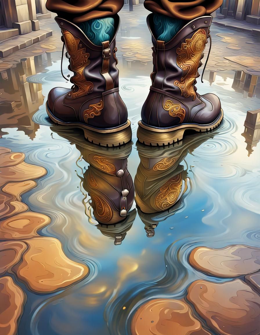 Steampunk Boots Reflected in Ancient City Puddle