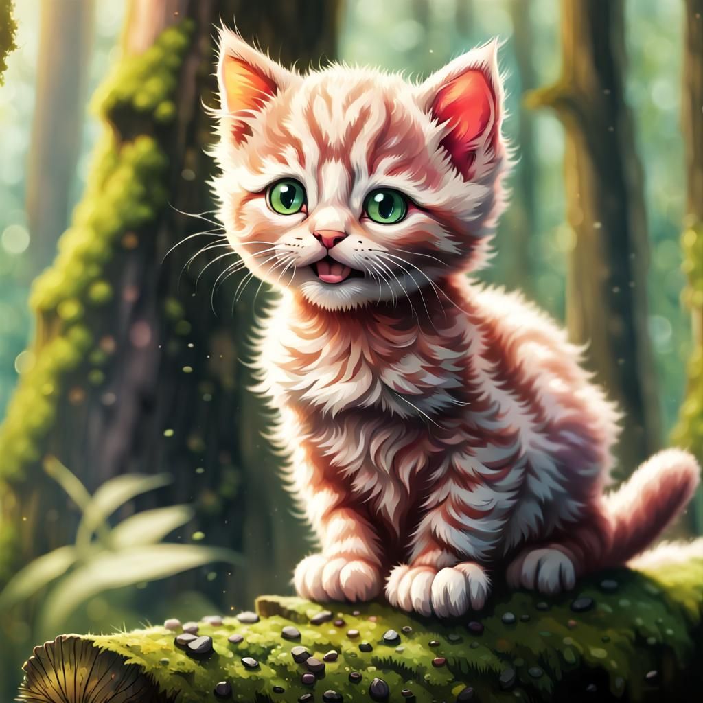 Tourmaline Kitten on Mossy Log in Hyperrealistic Style