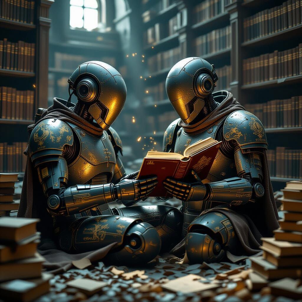 Robot Mend Book in Abandoned Library, Dark Fantasy