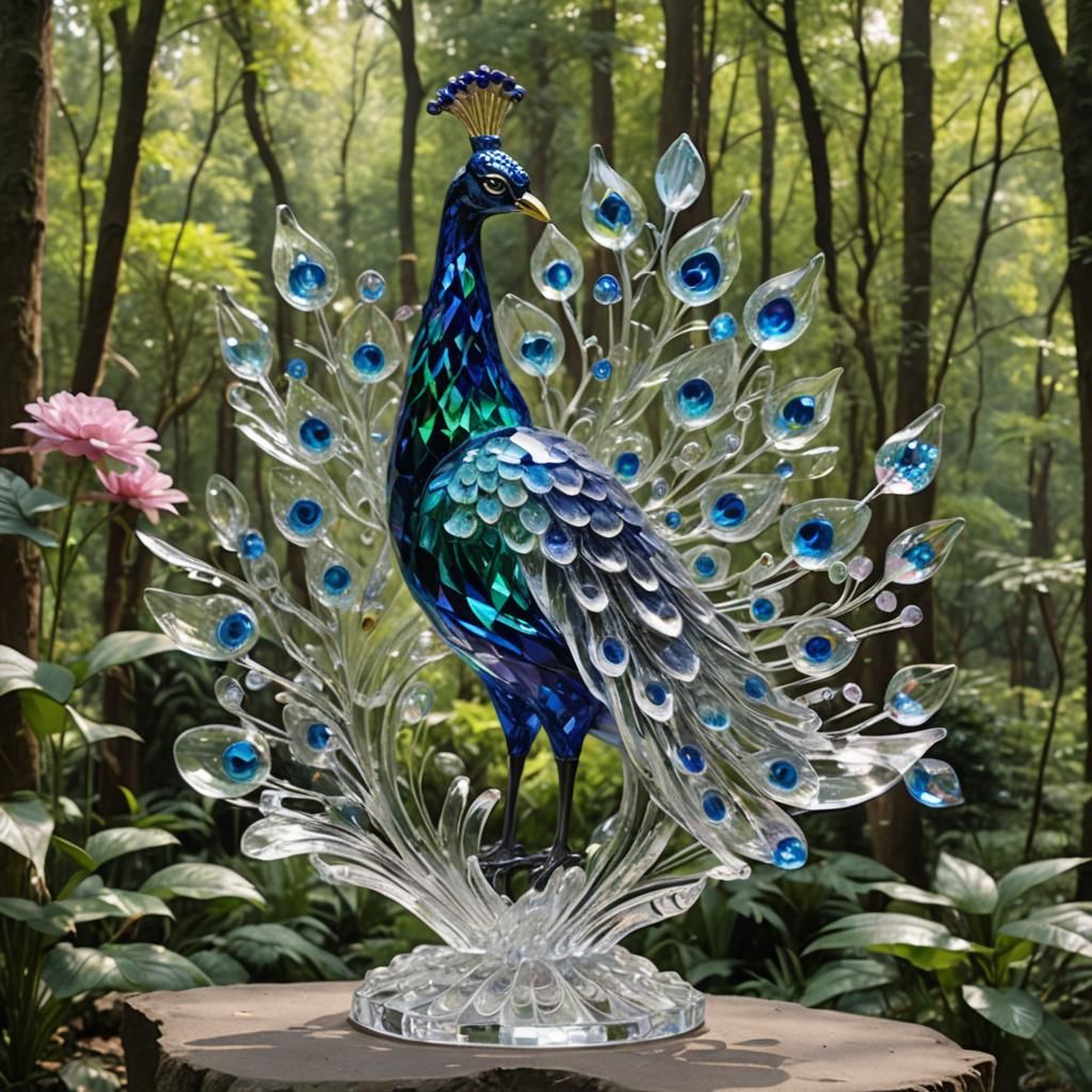 Crystal Peacock Statue in Forest