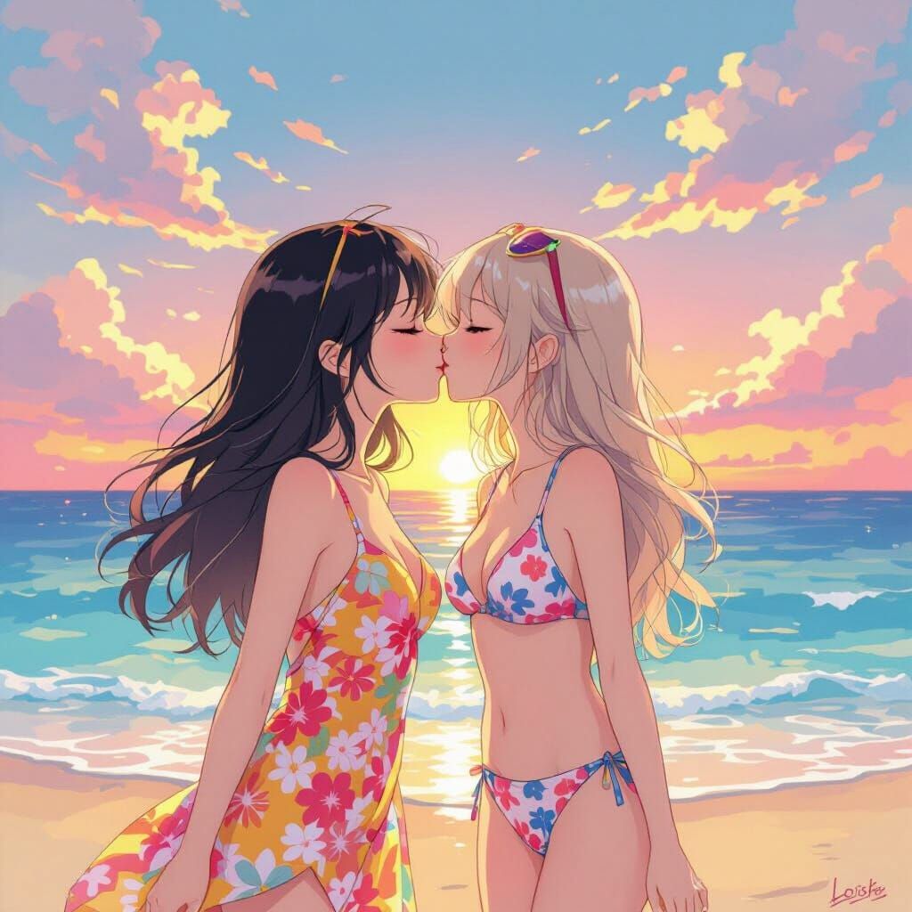 Anime Beach: Miku and Girlfriend's Sunset Kiss