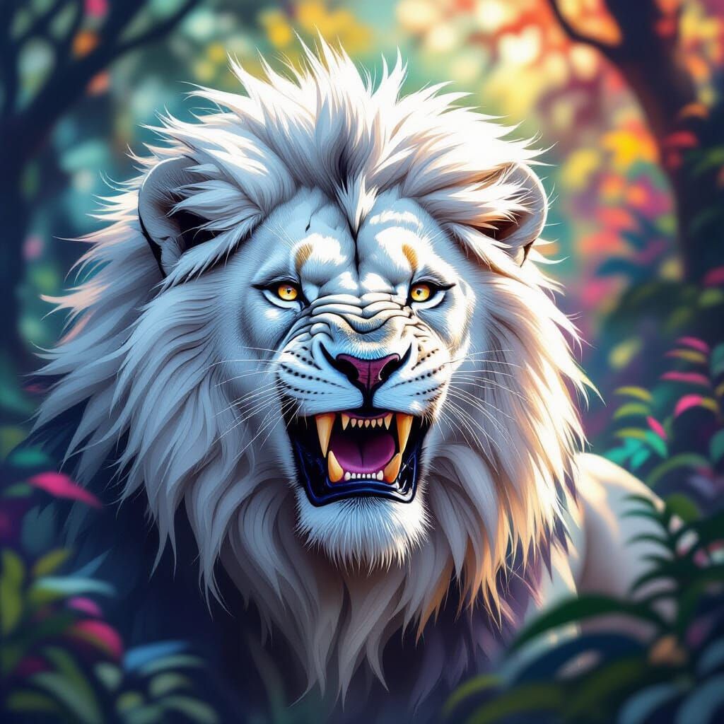 White Lion Bares Fangs in Colorful Forest