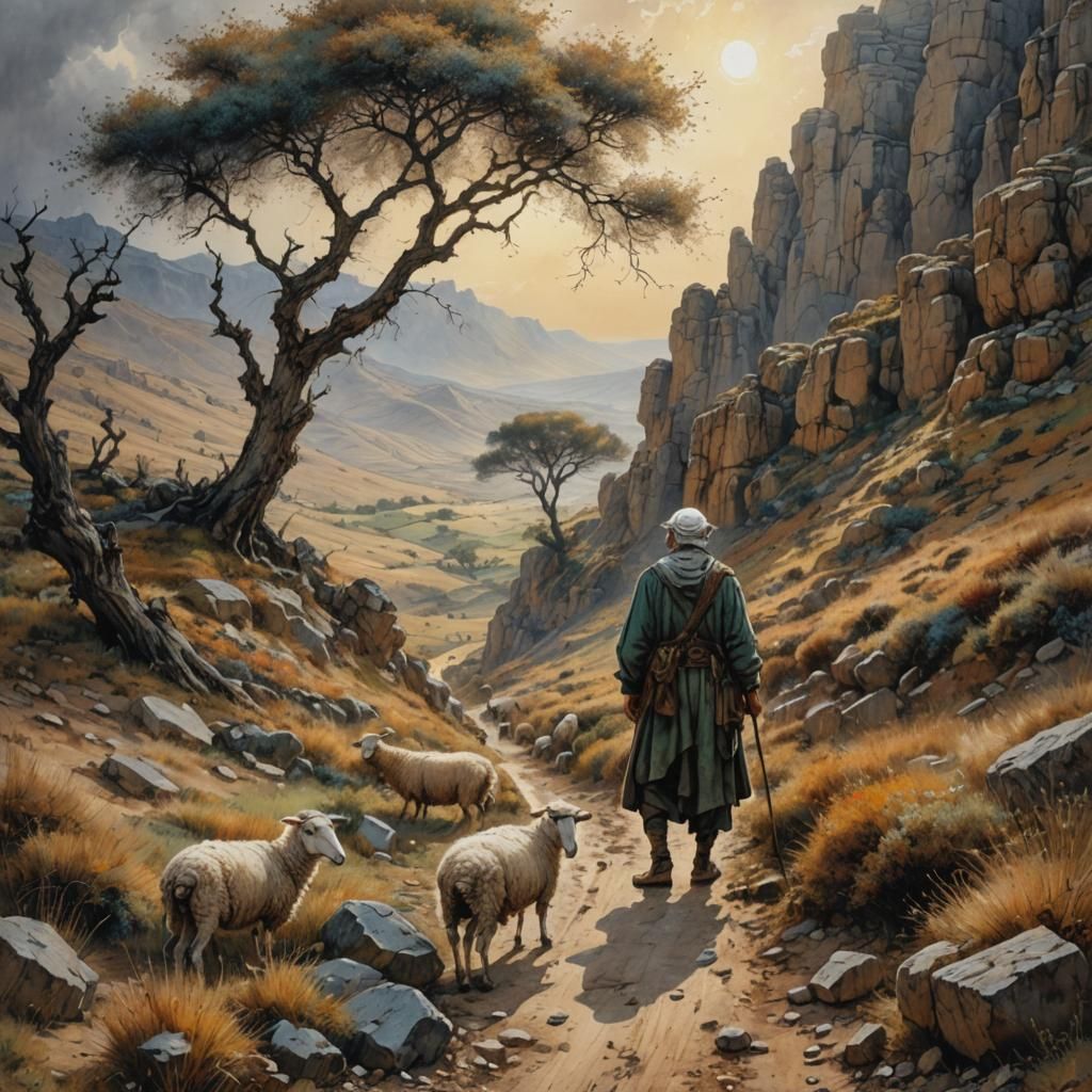 Shepherd and Sheep in Ancient Israel, Illustrated Style