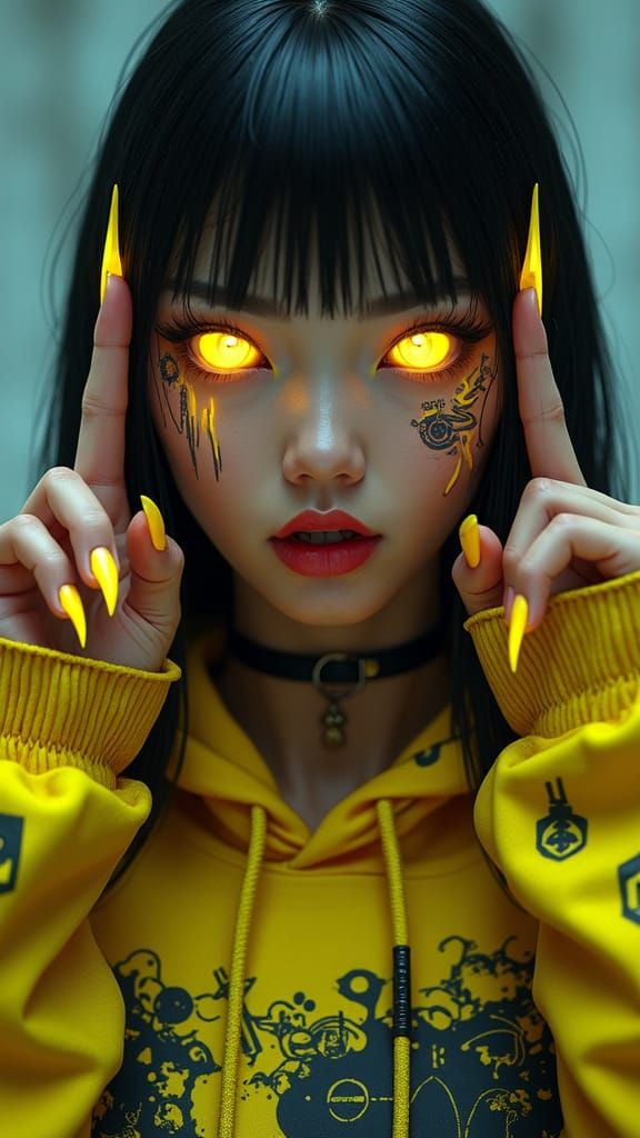 Cyberpunk Woman with Glowing Eyes in Dystopian City