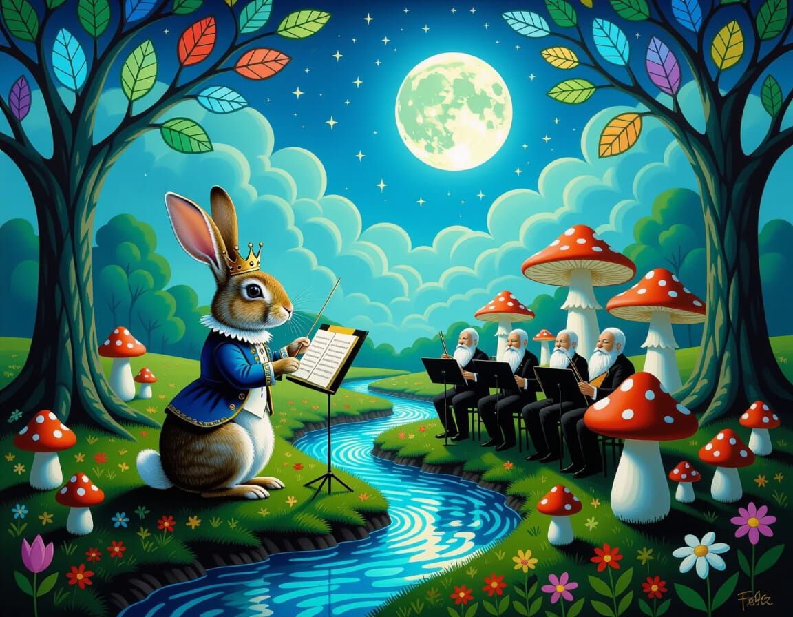 Surreal Rabbit Conducts Singing Mushroom Orchestra