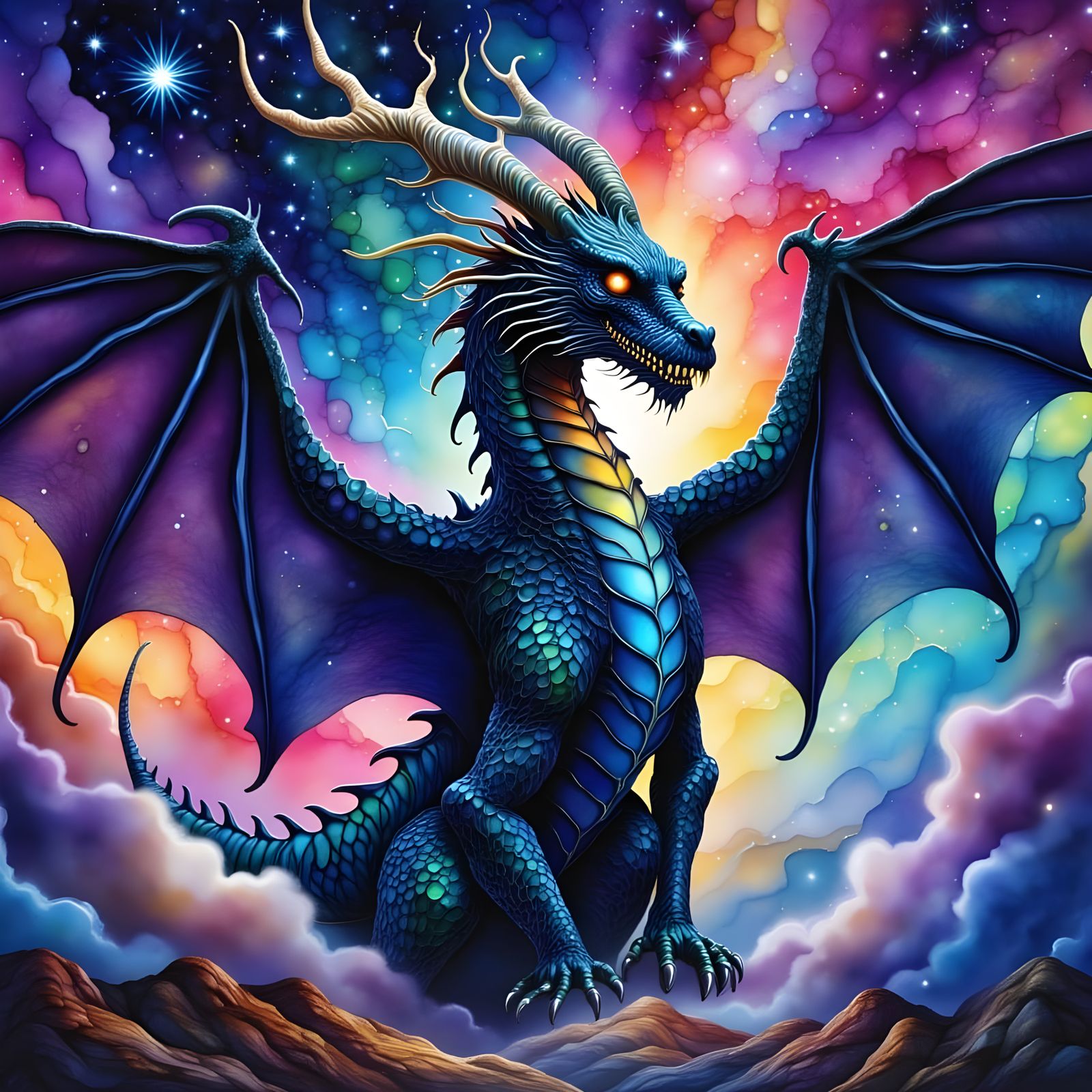 Majestic Dragon Against Cosmic Backdrop in 3D Render