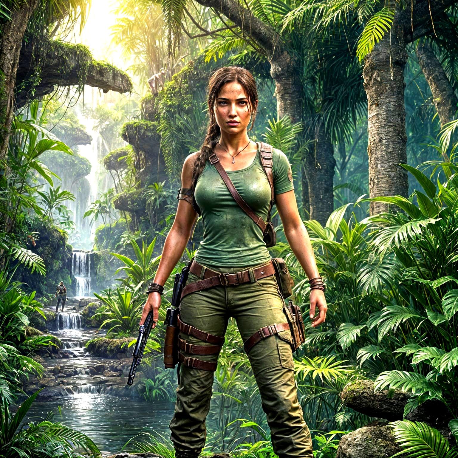 Lara Croft in Jungle: Hyperrealistic Splash Art