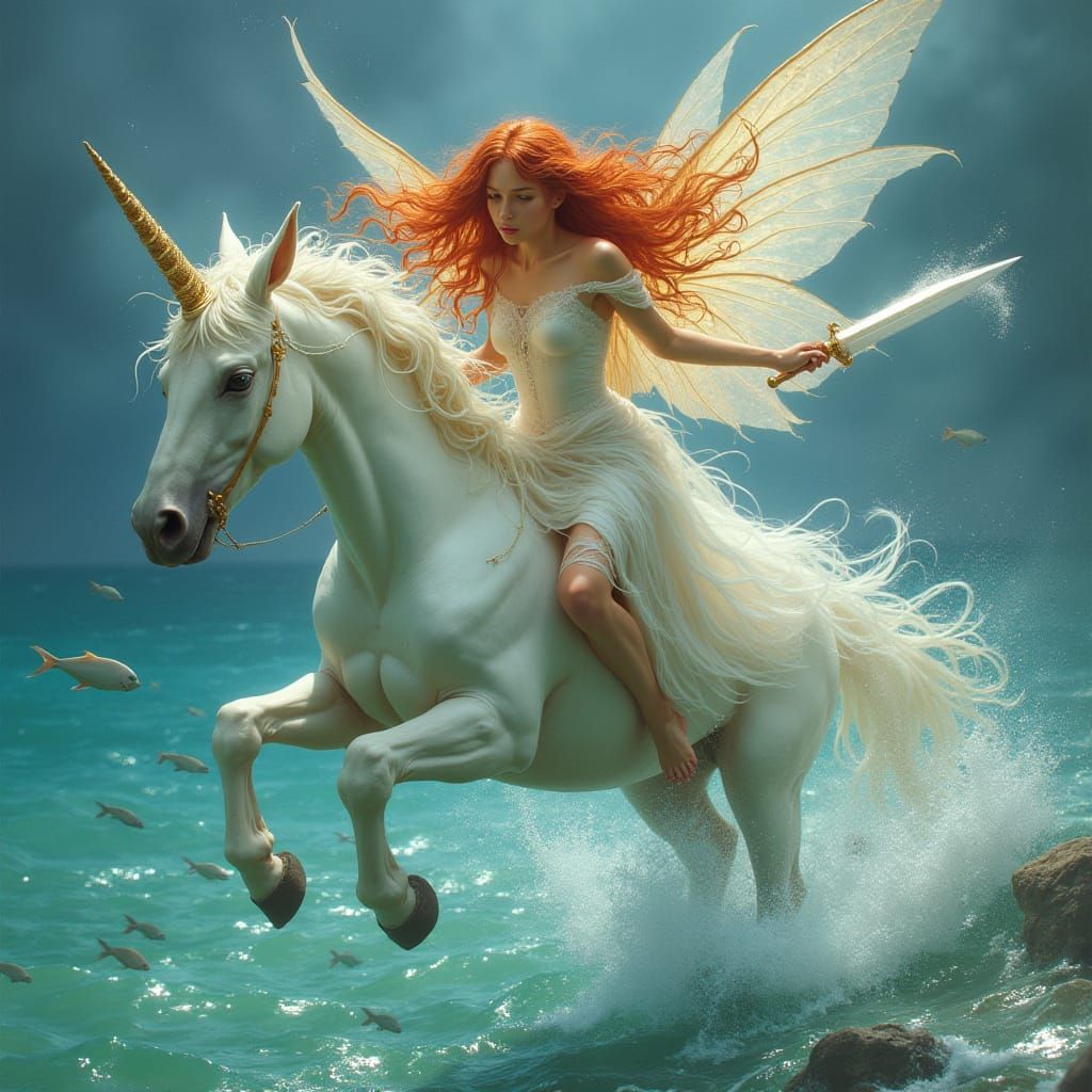 Majestic Fairy Rides Unicorn Through Oceanic Storm