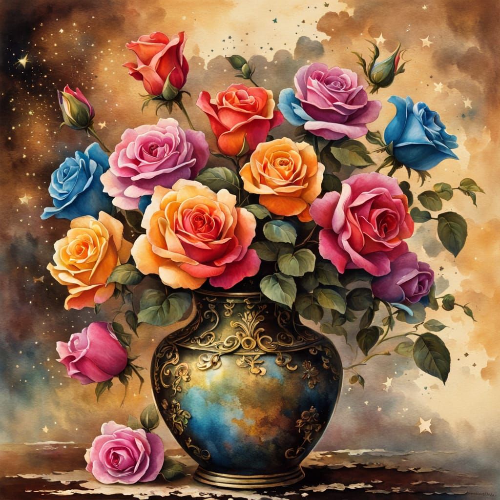 Colorful Roses in Ornate Vase, European Ink Painting