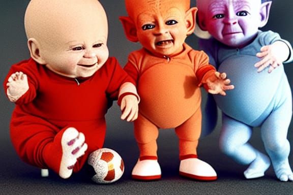 Whimsical Soccer Game with Kewpie-Teletubby Hybrids