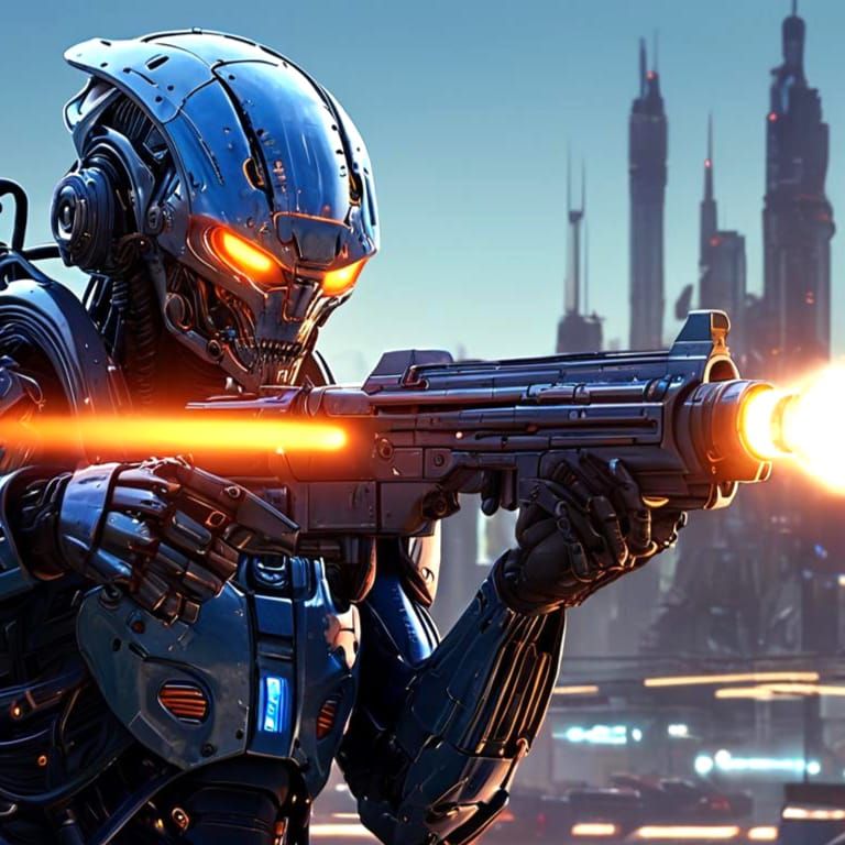 Retrofuturistic Alien Cyborg Unleashes C-Beam Ray Gun