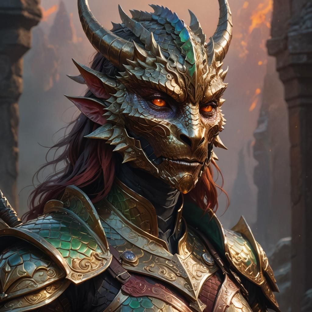 Bronze Dragonborn Maiden Wields Greatsword in Art Nouveau St...