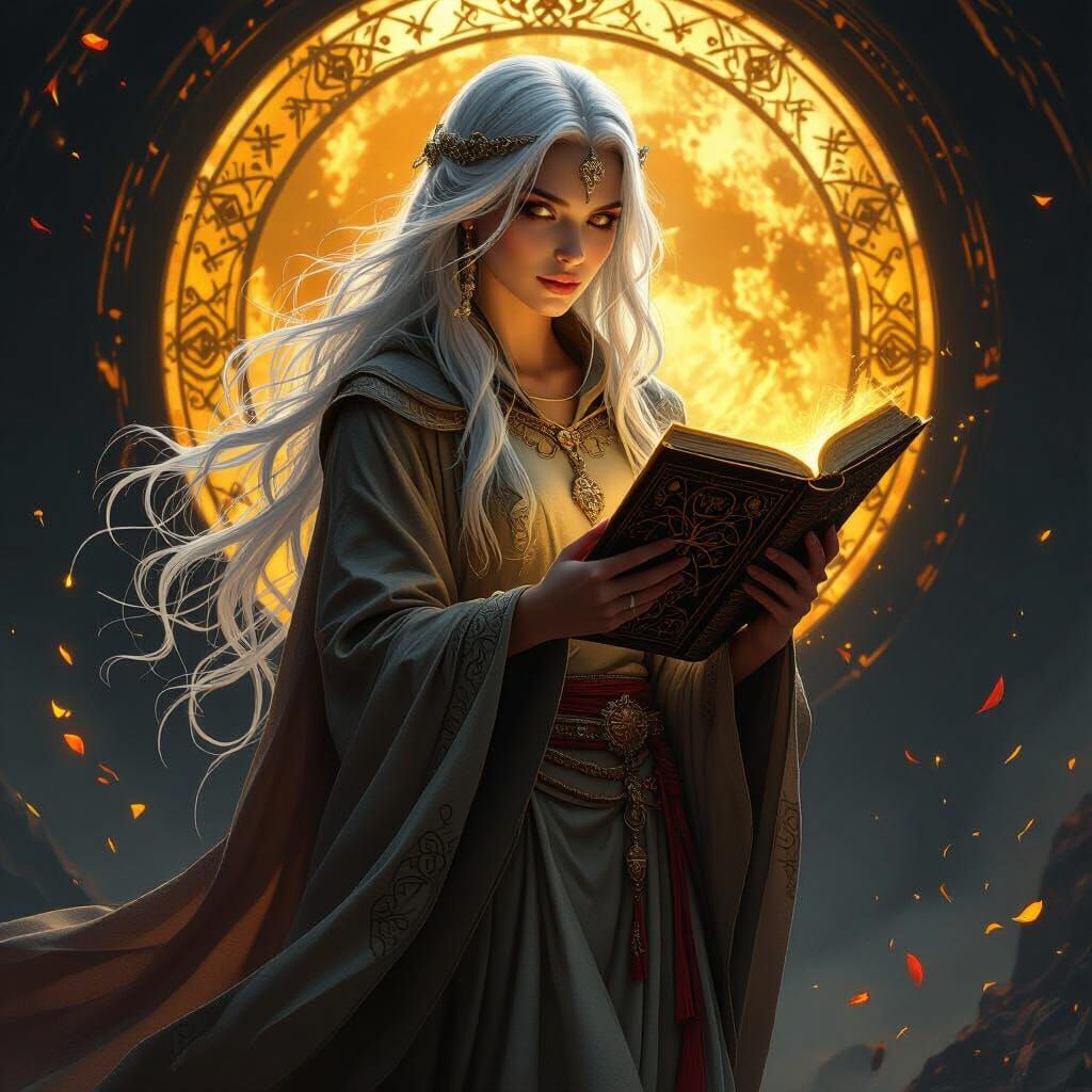 Mystical Woman with Ancient Book, Hyperdetailed Concept Art