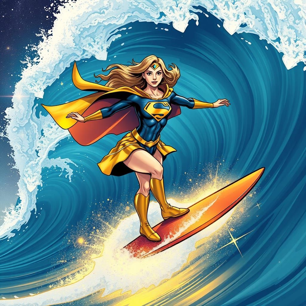 Supergirl Cosmic Surfing on Golden Cosmic Wave