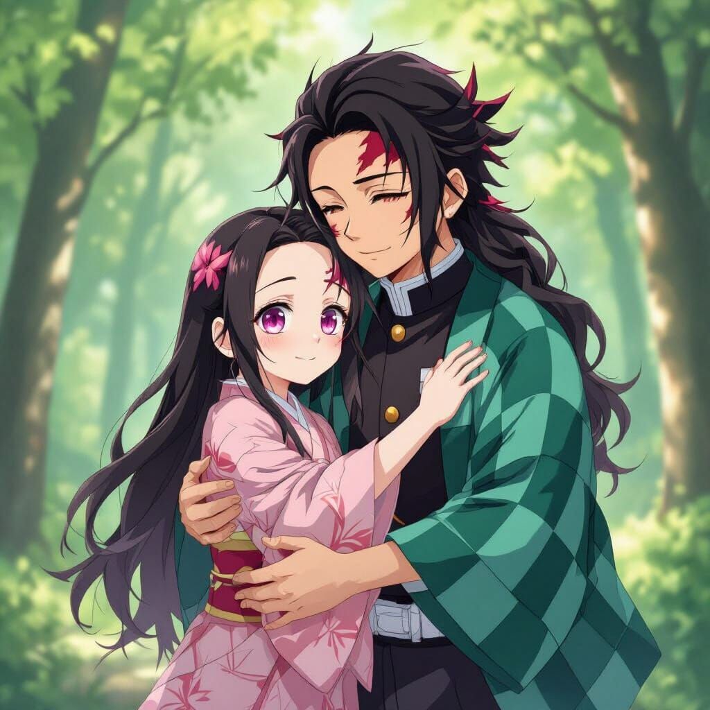 Nezuko Hugs Tanjiro in Sun-Dappled Forest