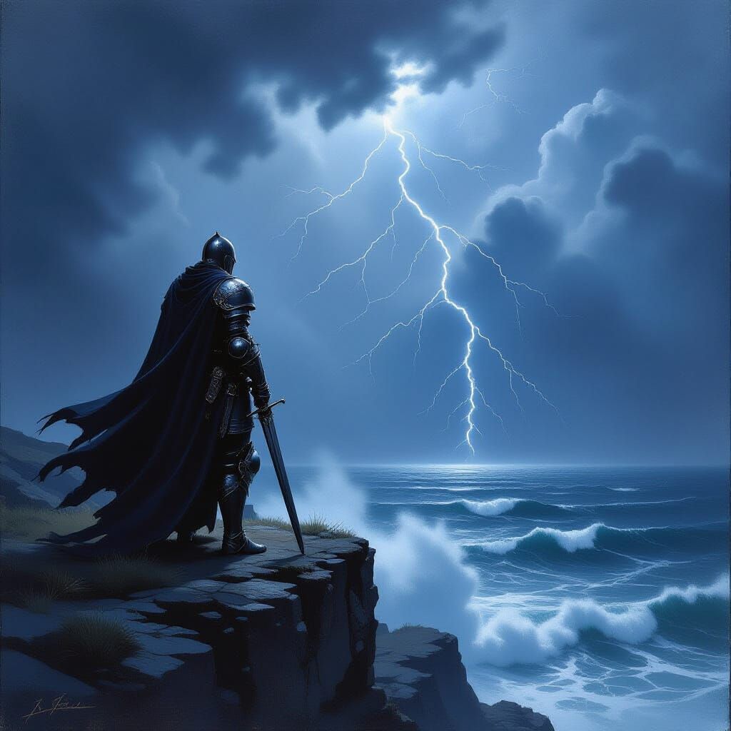 Knight on Stormy Cliff Overlooking Sea