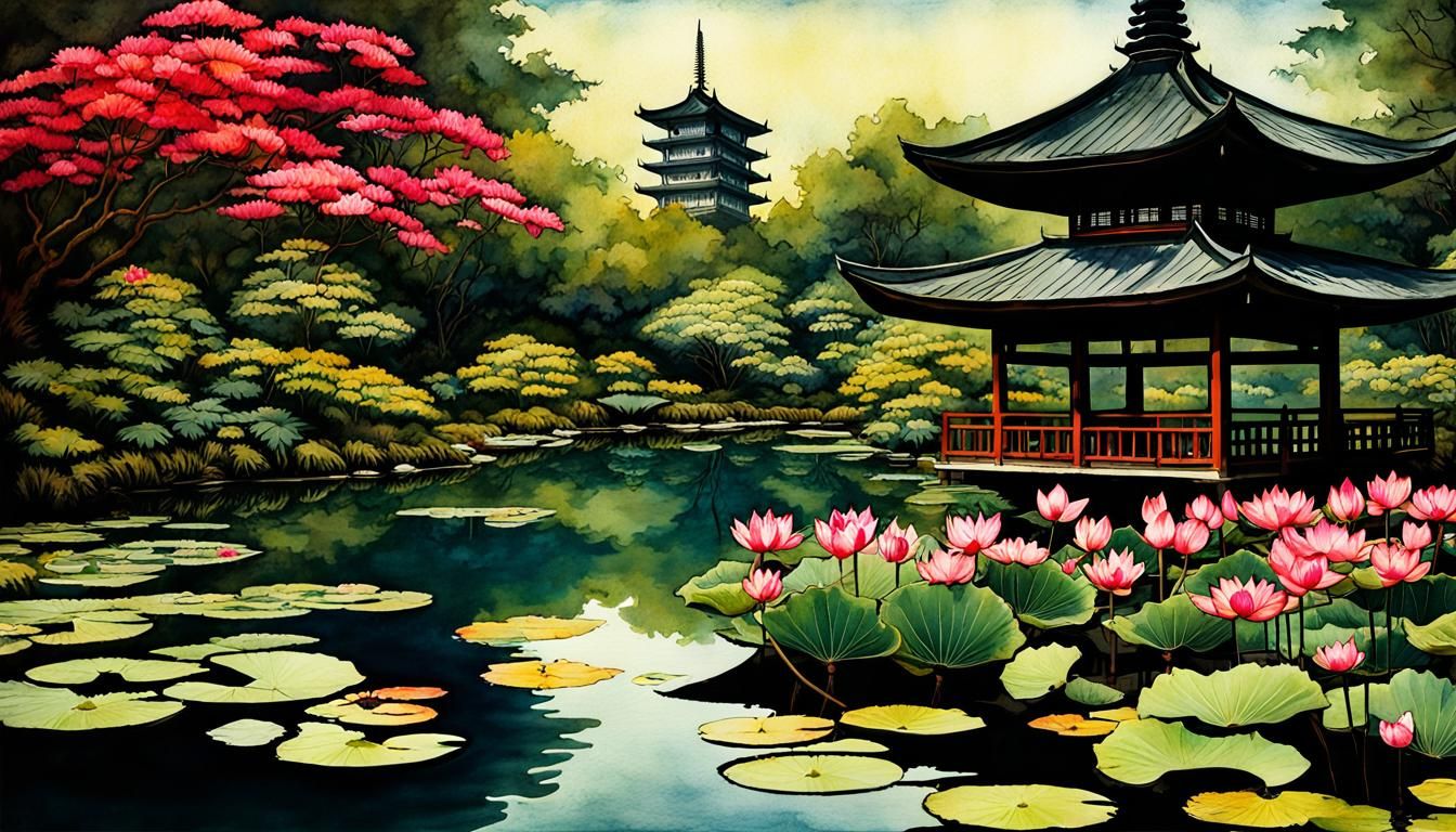 Lotus Pond Pagoda in Dark Watercolor Style