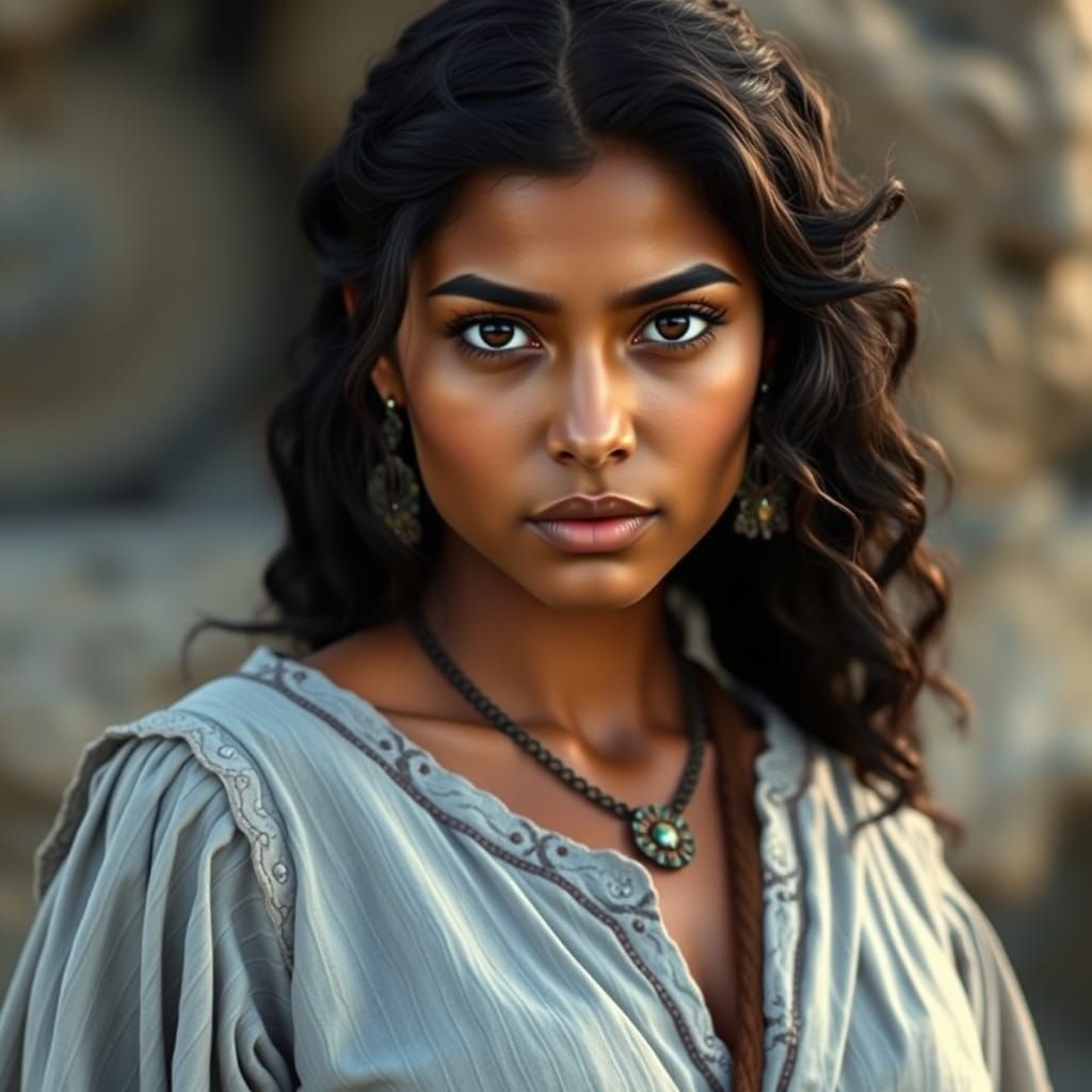 Hyperrealistic Medieval Woman in Light Grey Regalia