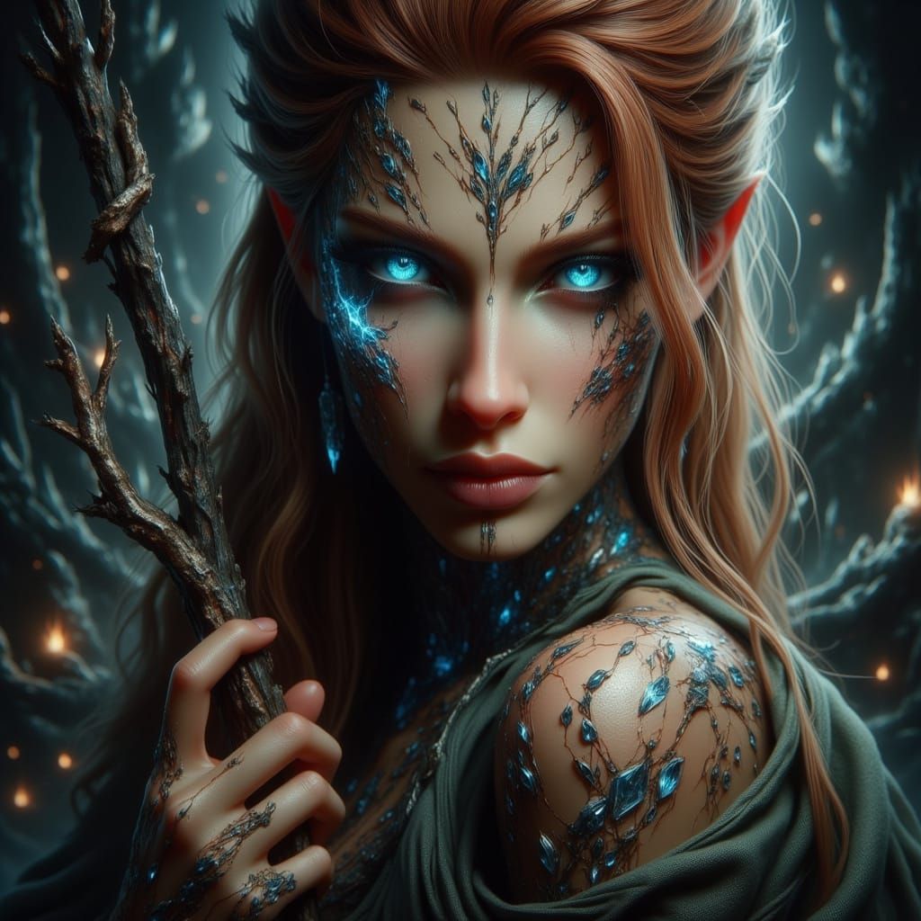 Majestic Half-Elf Maiden with Feathery Braids and Druidic Ta...