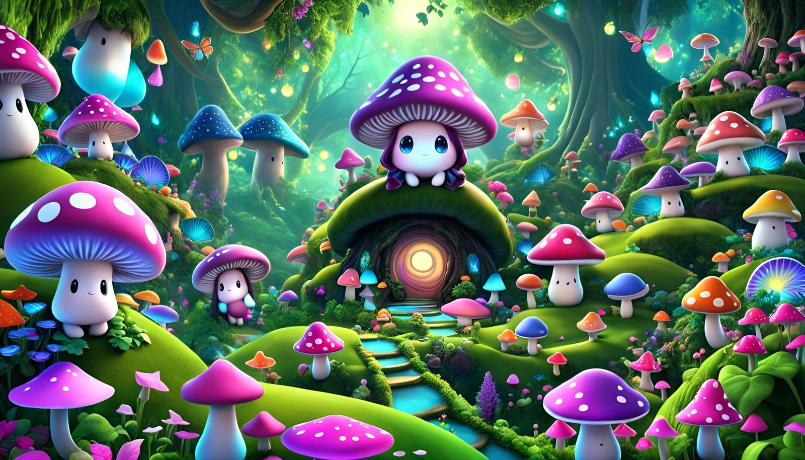 Mushroom People in a Glowing Fantasy Land