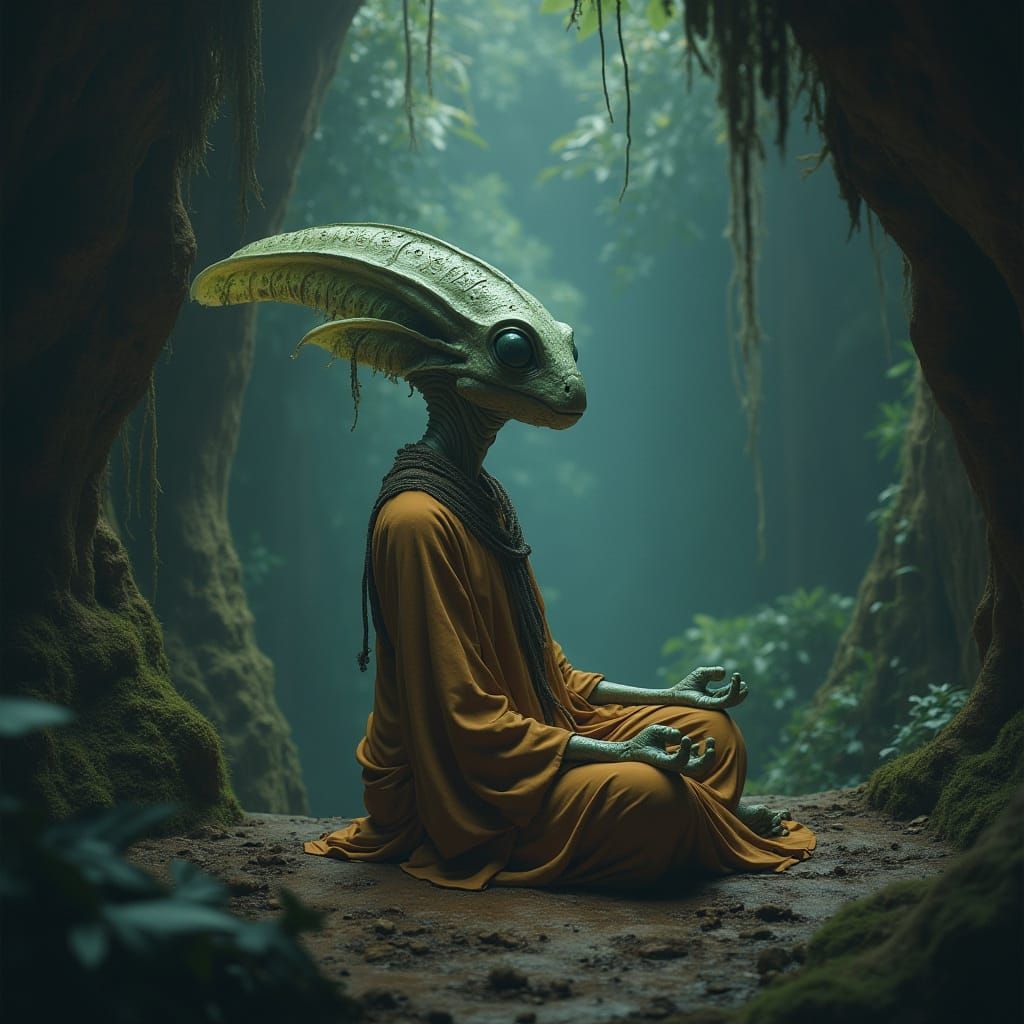 Alien Meditating in Misty Grotto