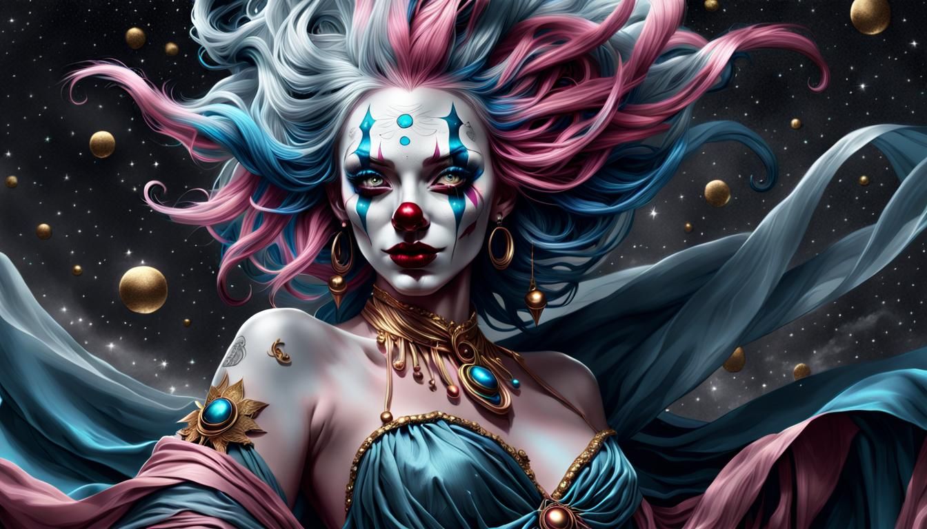 Grayscale Clown Babe with Stars, Digital Painting