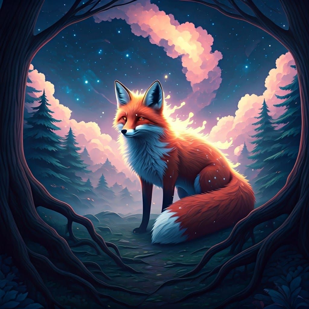 Red Fox in Eerie Forest Fog, Anime Style