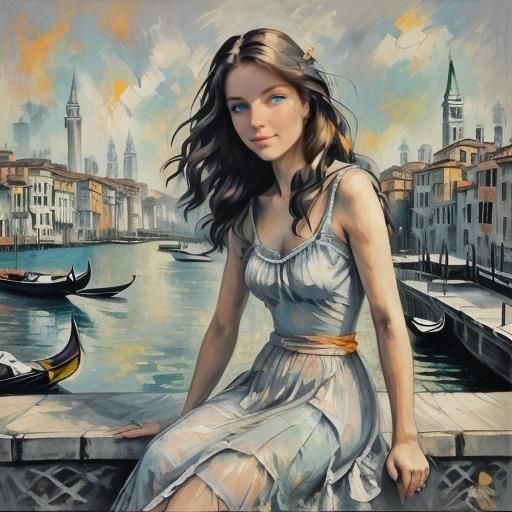 Blue-Eyed Lady Sipping Mimosa in Venice, Oils and Charcoal