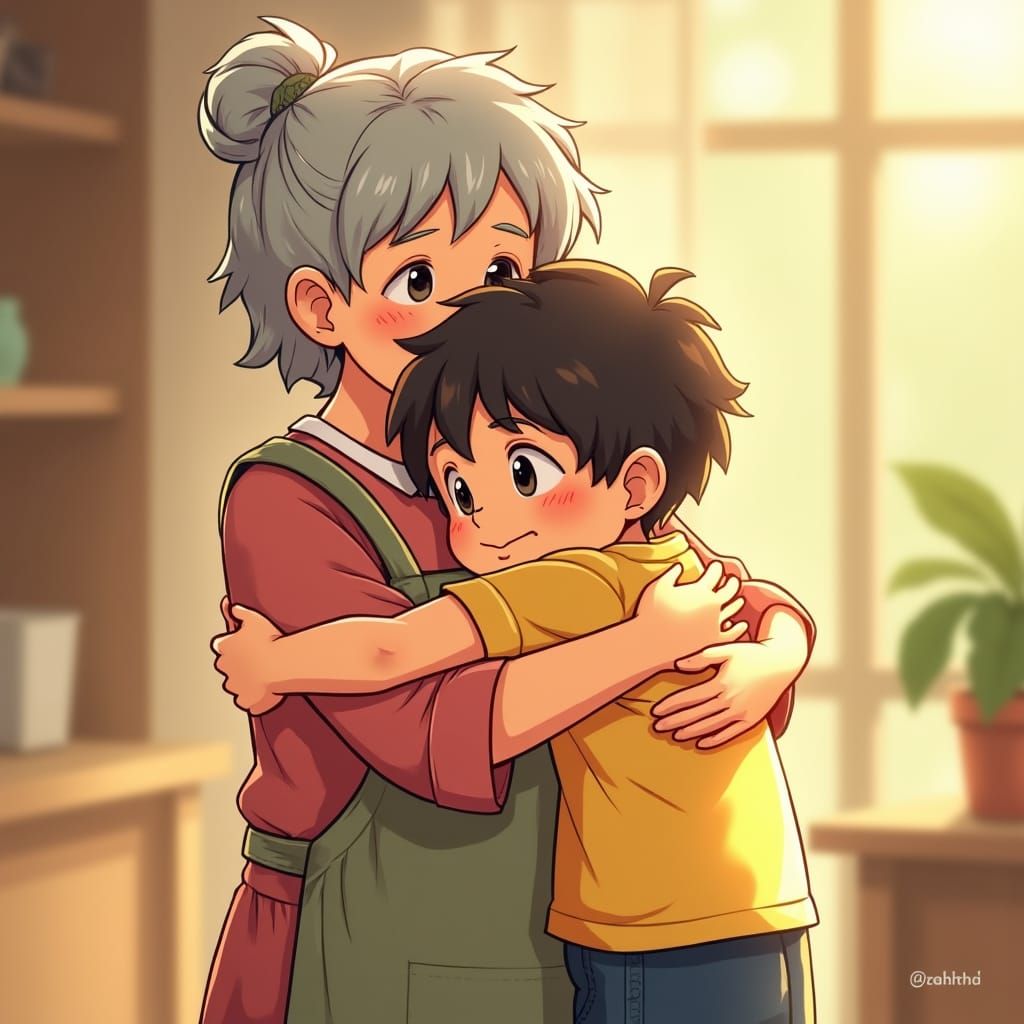 Grandmother and Grandson Embrace in Manga Style