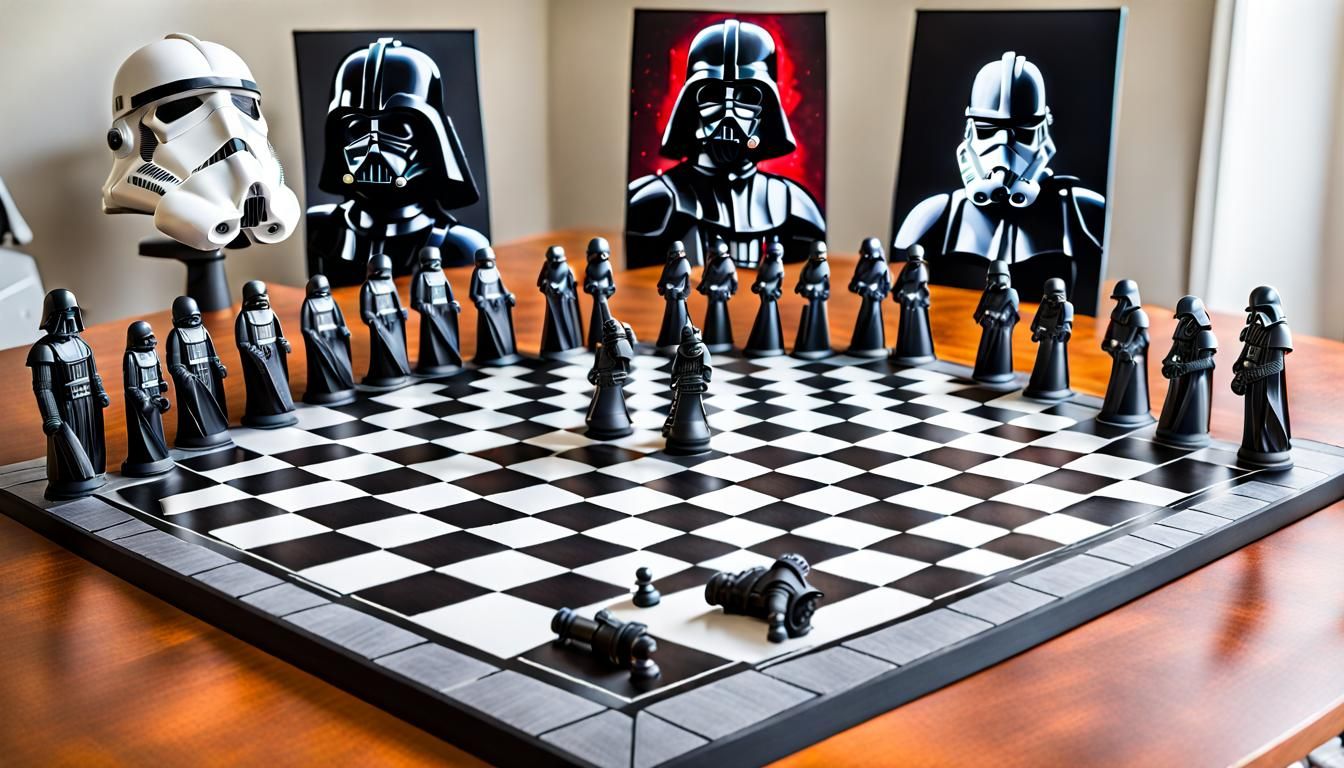 chess board set up with Darth Vader and stormtroopers vs. King Arthur's knights of the round table