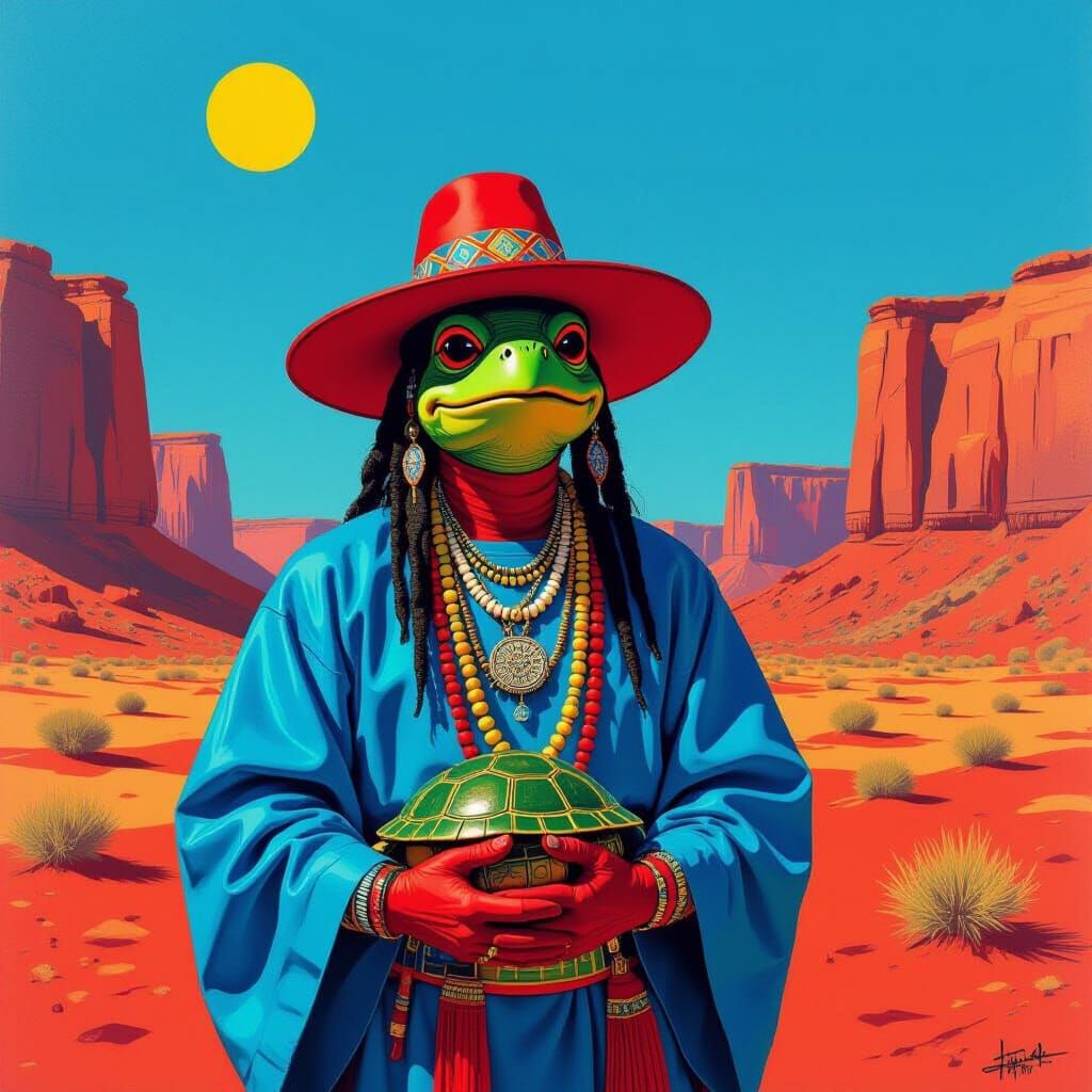 Red Shaman in Turtle Hat and Blue Robes, Desert Landscape