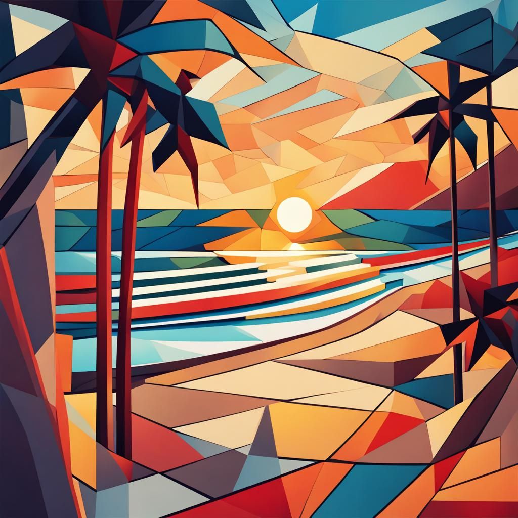 Cubist Beach Sunset: Geometric Fauvism Art Deco