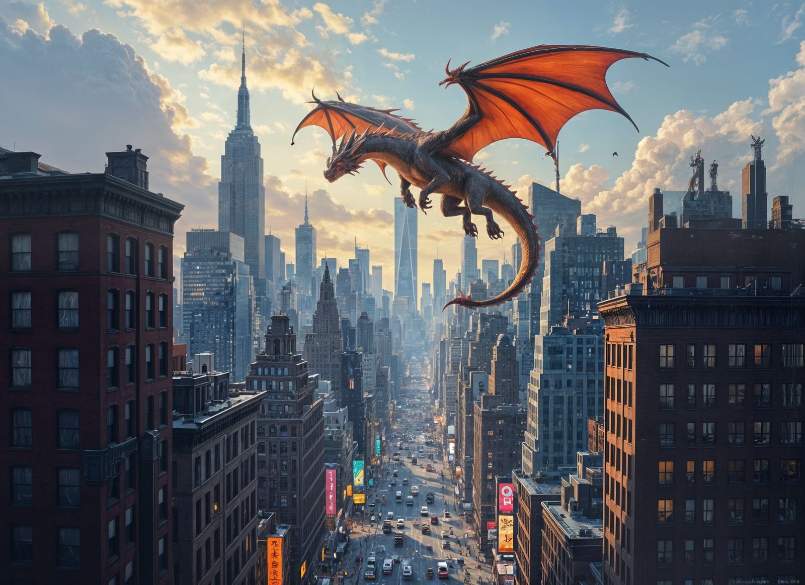 Dragon Soaring Over Urban Fantasy New York