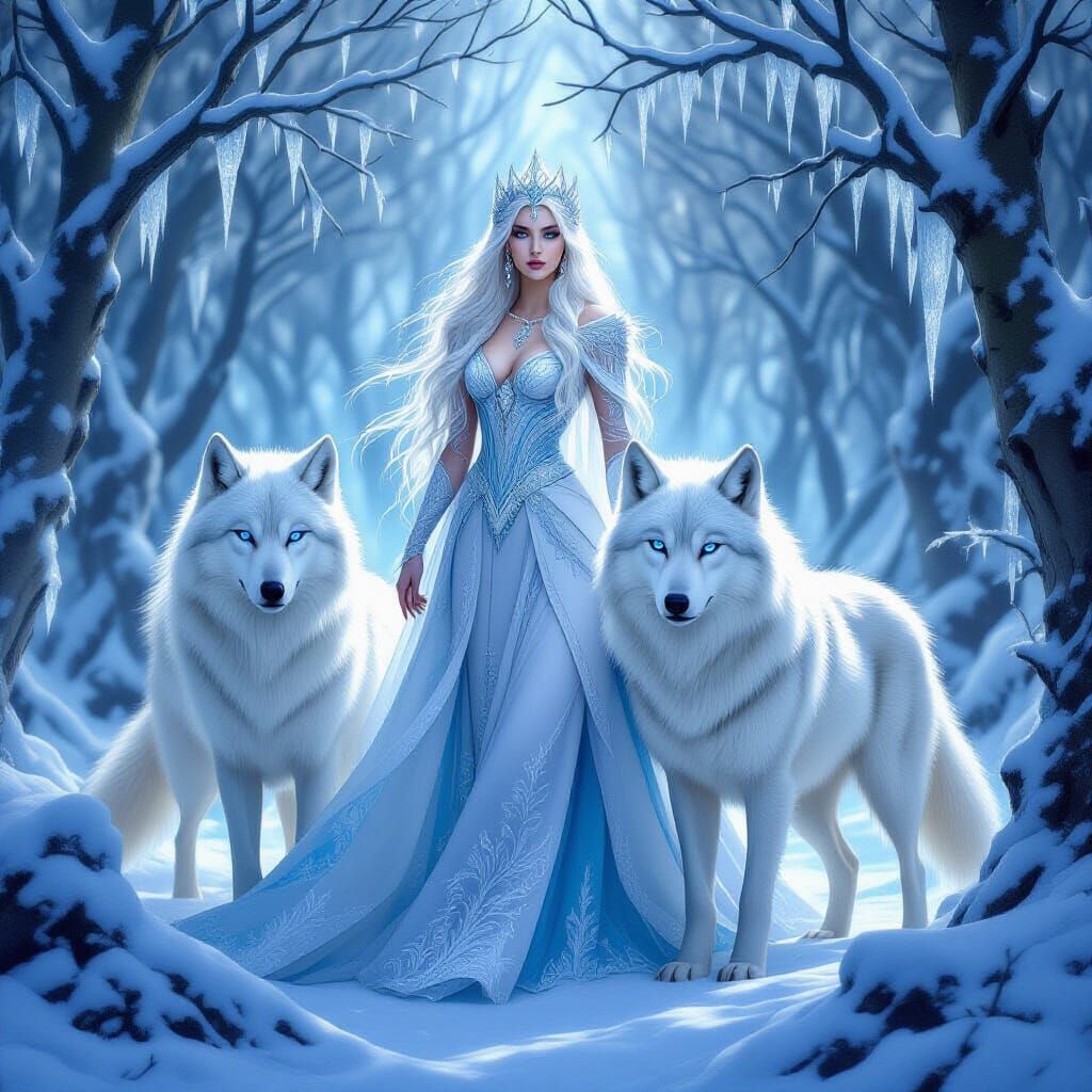 Ethereal Ice Queen with Wolves in Snowy Forest